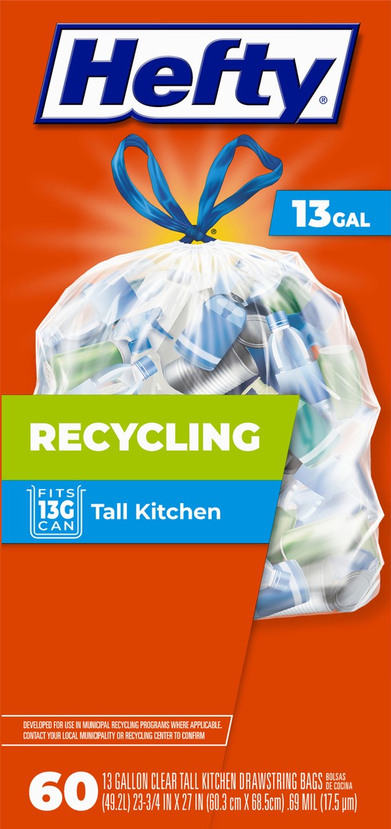 slide 6 of 9, Hefty 13 Gal Recycling Clear Tall Kitchen Drawstring Bags 60 ea, 60 ct