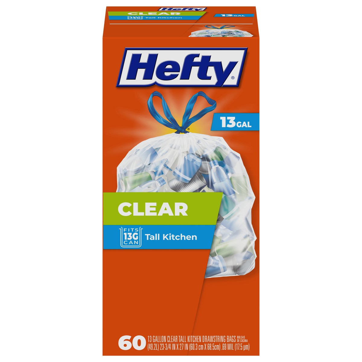 slide 1 of 9, Hefty 13 Gal Recycling Clear Tall Kitchen Drawstring Bags 60 ea, 60 ct