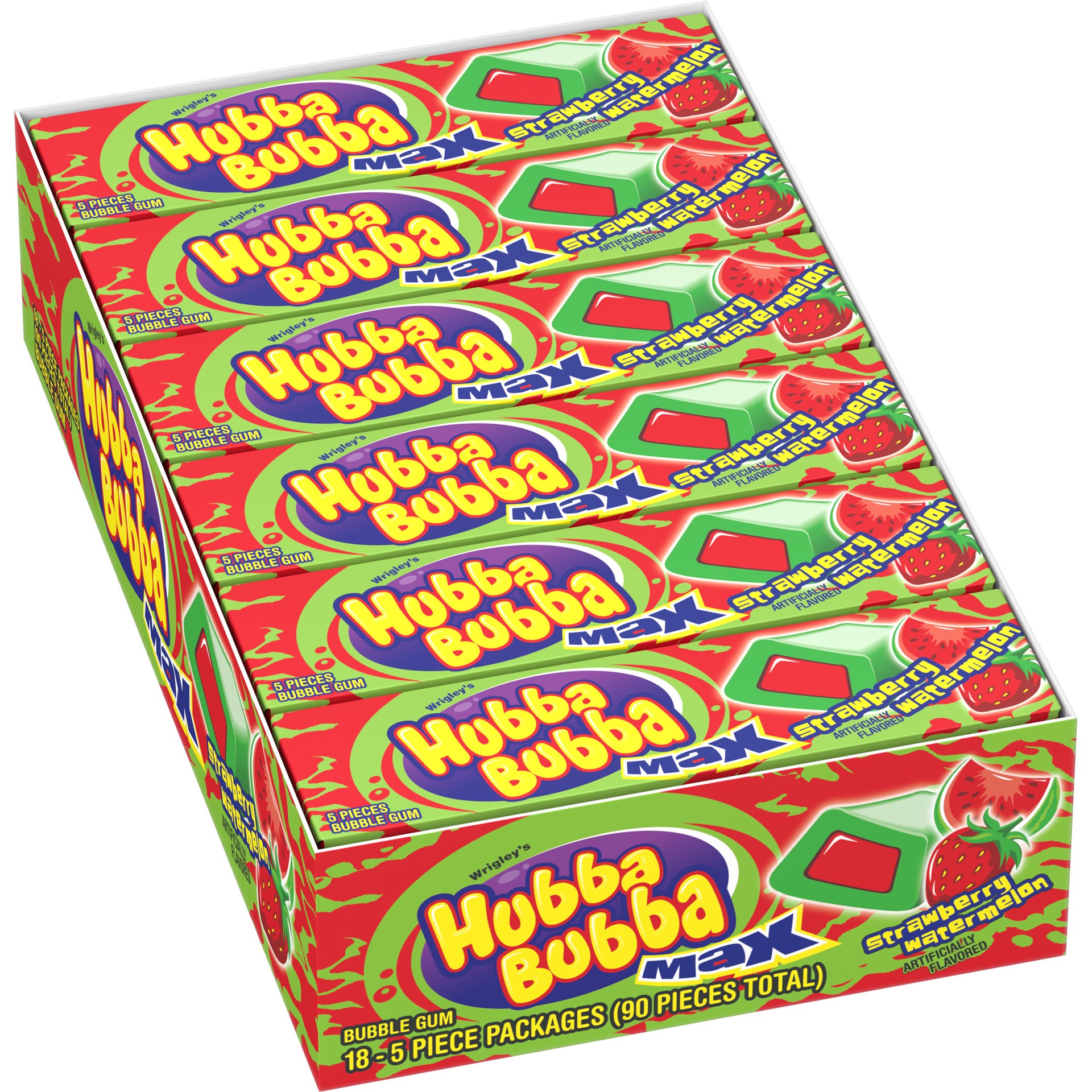 slide 1 of 2, Hubba Bubba (18 Pack) HUBBA BUBBA Max Bubble Gum Strawberry Watermelon Flavored Chewing Gum, 5 Piece, 90 pc