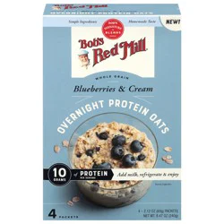 Bob's Red Mill Whole Grain Blueberries & Cream Overnight Protein Oats - 4 x 2.12 oz Packets
