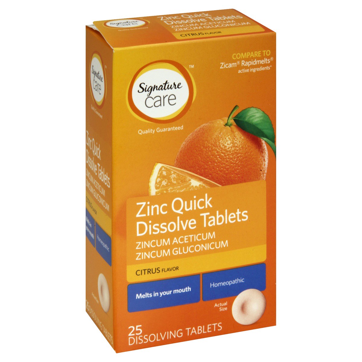 slide 1 of 4, Signature Zinc, Quick Dissolve Tablets, Citrus Flavor, 25 ct