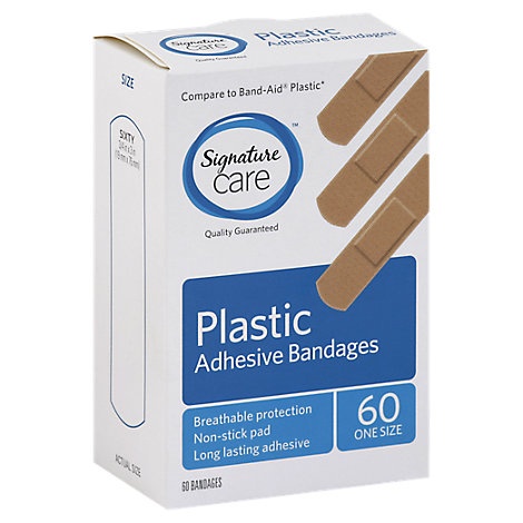 slide 1 of 1, Signature Care Adhesive Bandages Plastic One Size, 60 ct