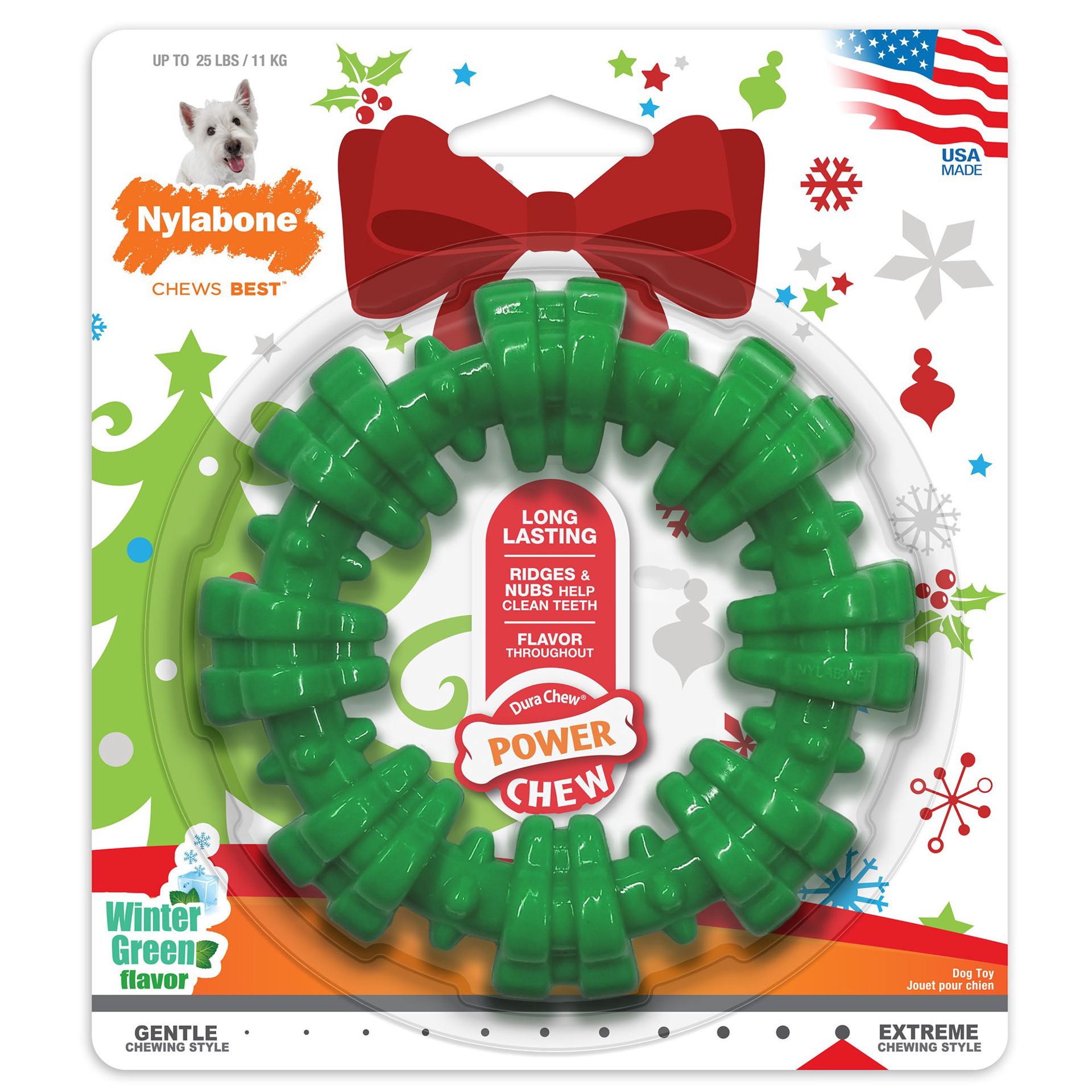 slide 1 of 1, Nylabone Power Chew Holiday Textured Dog Chew Ring Winter Green for Dogs Up to 25 lbs., Small, 1 ct