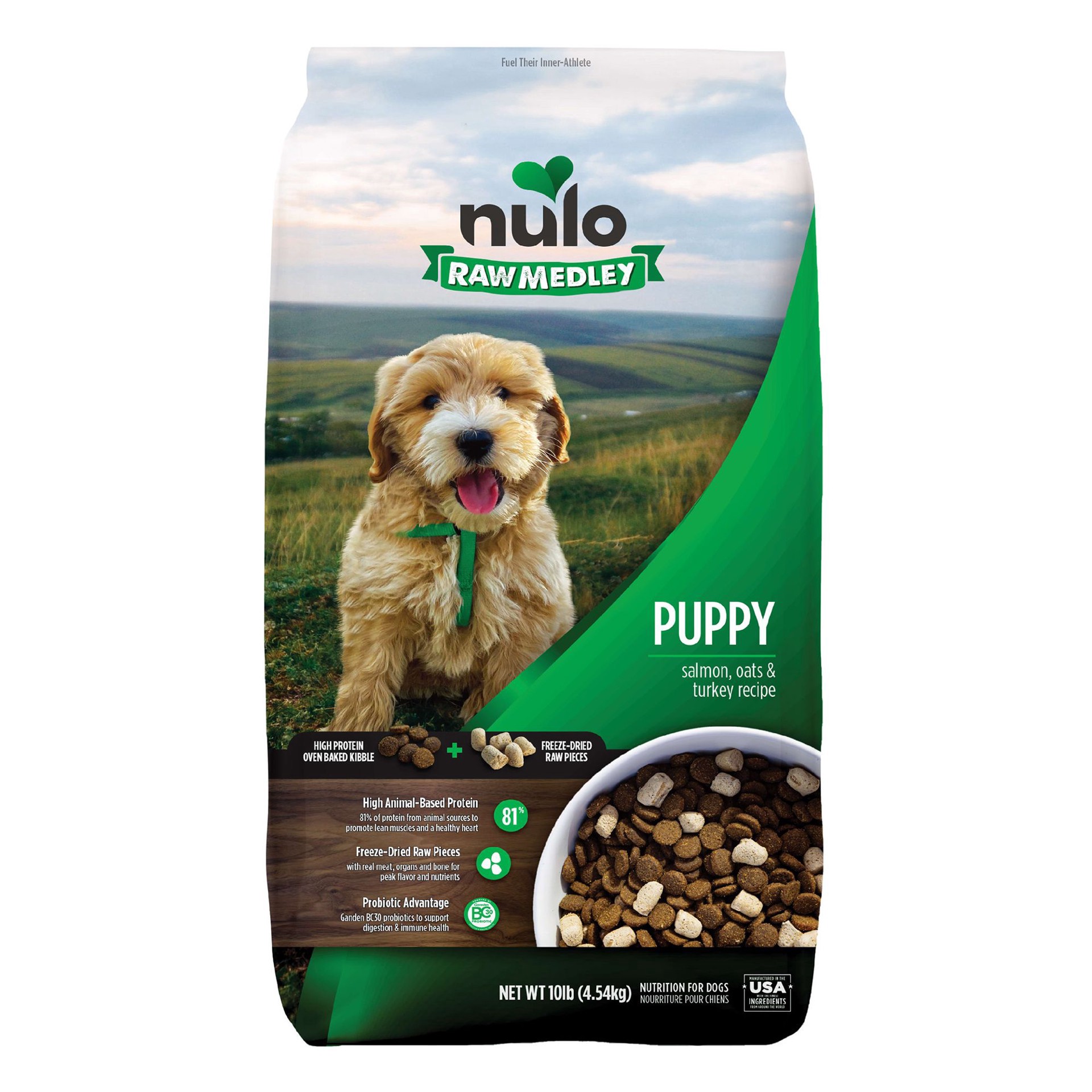 slide 1 of 1, Nulo Raw Medley Puppy Dog Food - Kibble Plus Freeze Dried Pieces, Salmon, Oats & Turkey Recipe, 10 lb