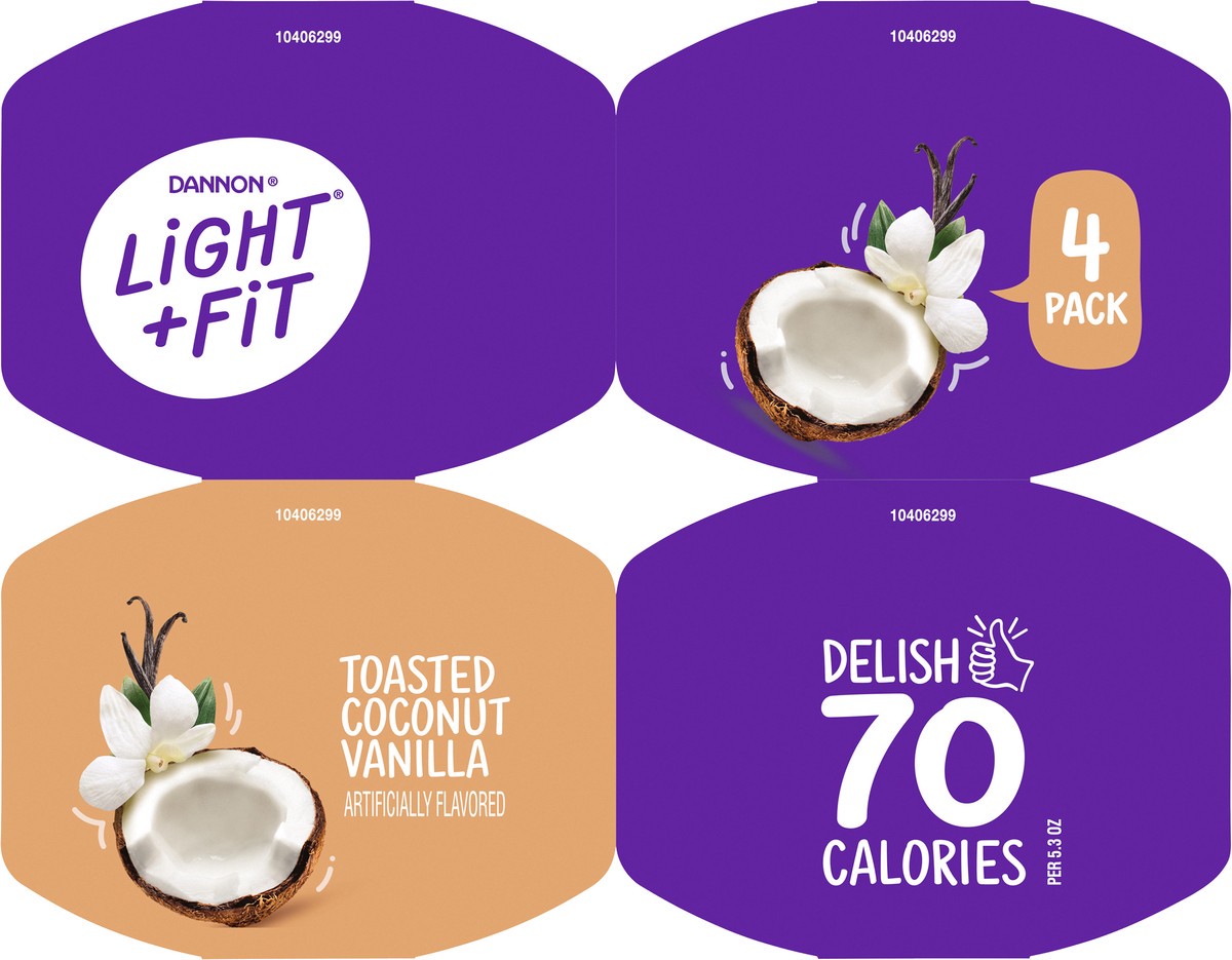 slide 2 of 7, Light + Fit Dannon Light + Fit Regular Nonfat Yogurt, Toasted Coconut Vanilla, Gluten-Free, 5.3 oz., 4 Pack, 5.3 oz