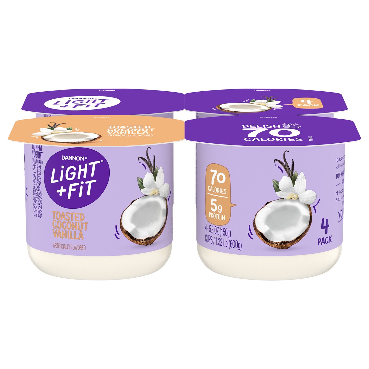 slide 1 of 7, Light + Fit Dannon Light + Fit Regular Nonfat Yogurt, Toasted Coconut Vanilla, Gluten-Free, 5.3 oz., 4 Pack, 5.3 oz