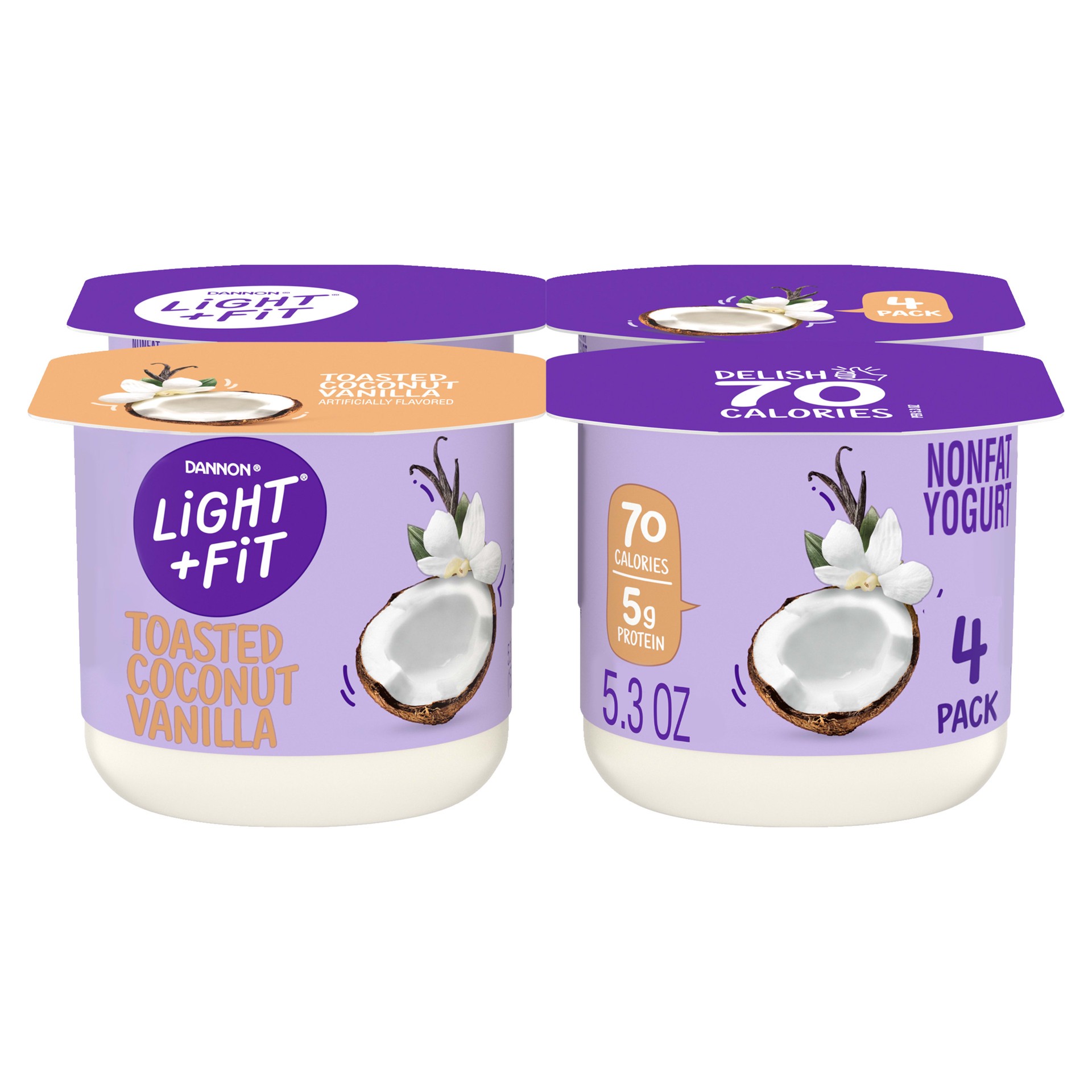 slide 1 of 7, Light + Fit Dannon Light + Fit Regular Nonfat Yogurt, Toasted Coconut Vanilla, Gluten-Free, 5.3 oz., 4 Pack, 5.30 oz