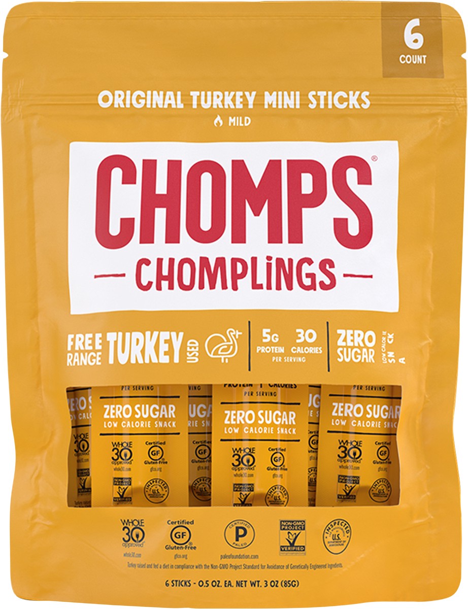 slide 2 of 3, Chomps CHOMPLINGS Original Turkey Mini Meat Sticks, 6 Count, 6 ct
