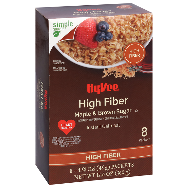 slide 1 of 1, Hy-Vee Maple & Brown Sugar Instant Oatmeal High Fiber 8-1.58oz. Packets, 12.6 oz