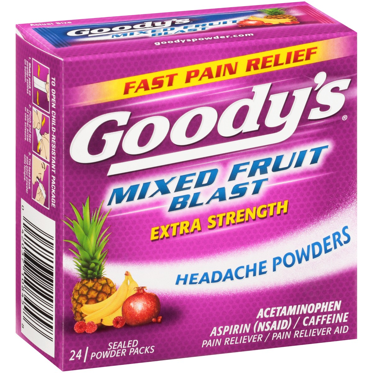 slide 8 of 10, Goody's Extra Strength Headache Powder, Mixed Fruit Blast Flavor, 24 Powder Sticks, 24 ct