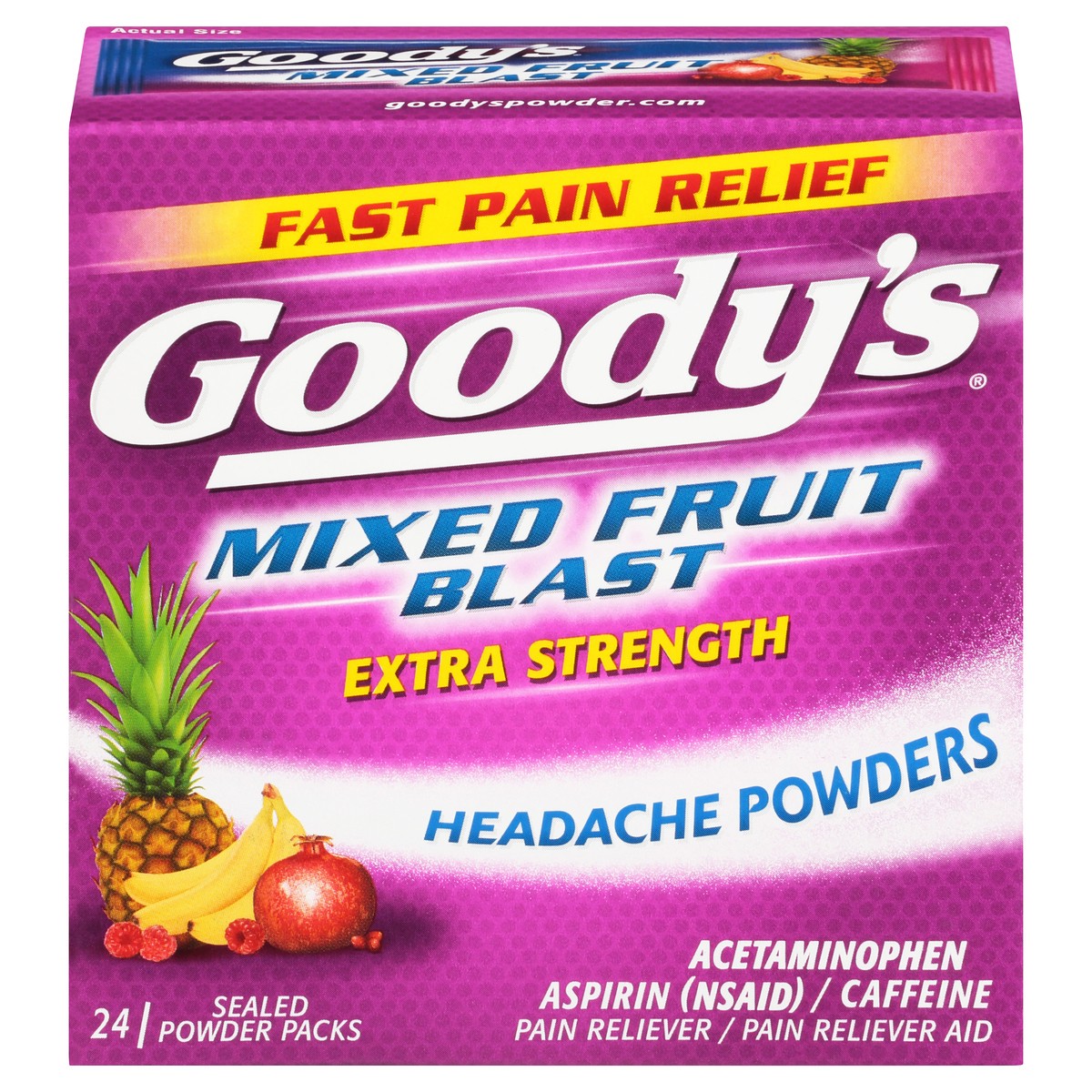 slide 10 of 10, Goody's Extra Strength Headache Powder, Mixed Fruit Blast Flavor, 24 Powder Sticks, 24 ct