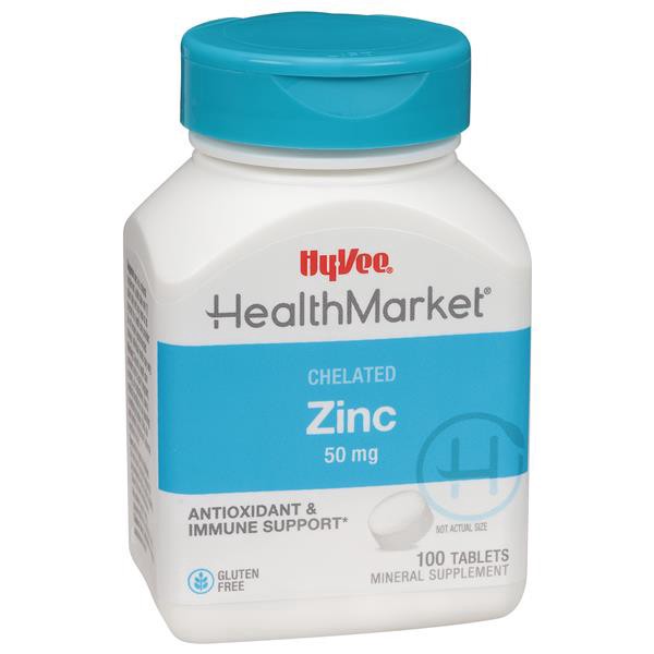 slide 1 of 1, Hy-Vee Healthmarket Chelated Zinc 50mg Dietary Supplement Tablets, 100 ct