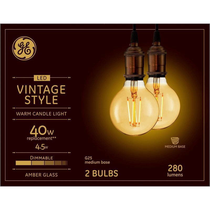 slide 3 of 3, GE Household Lighting 2pk 4.5W 40W Equivalent LED Globe Light Bulbs Amber Glass Warm Candle Light, 2 ct