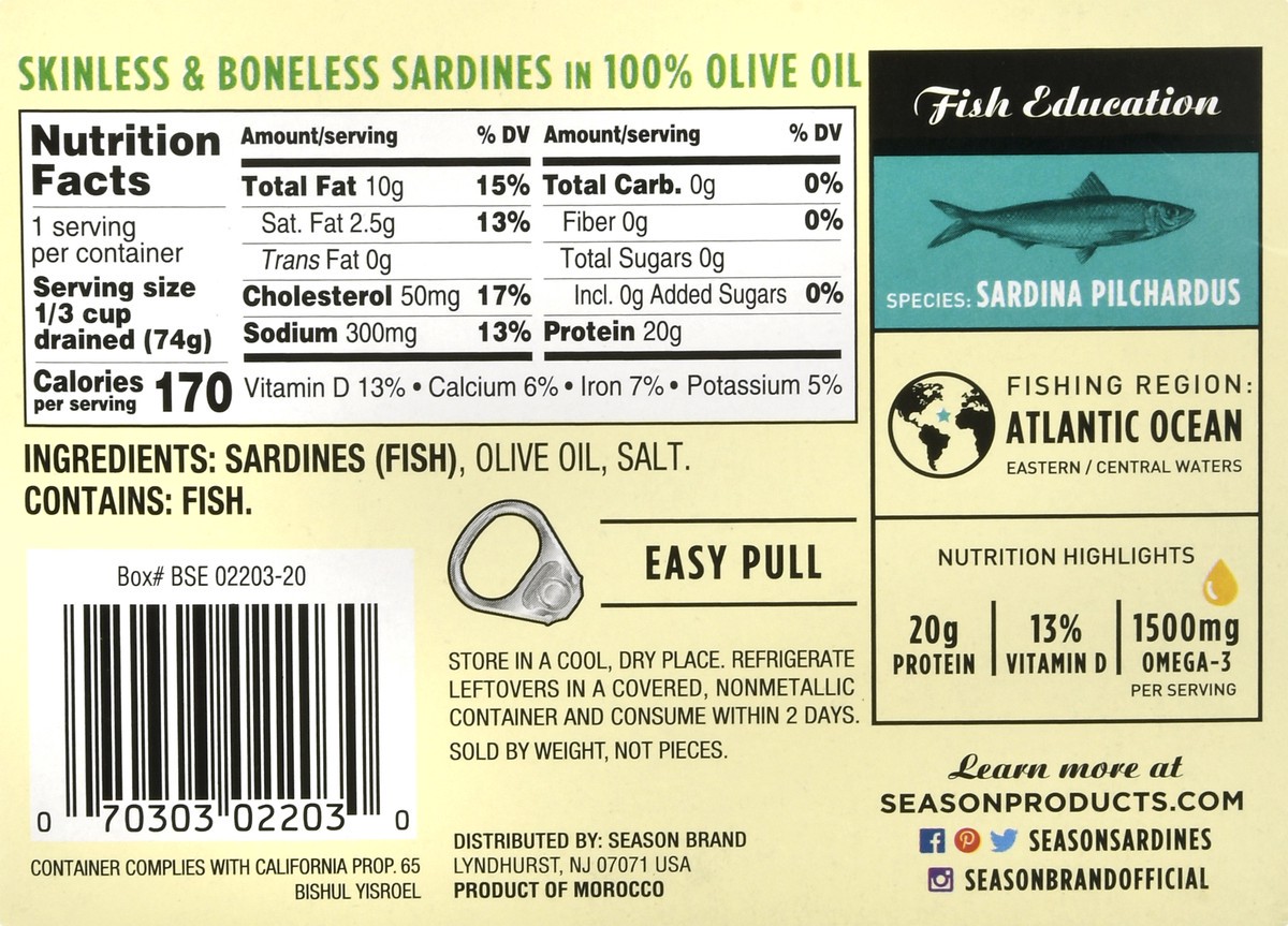 slide 4 of 9, Season Skinless & Boneless Sardines in 100% Olive Oil 3.75 oz, 3.75 oz