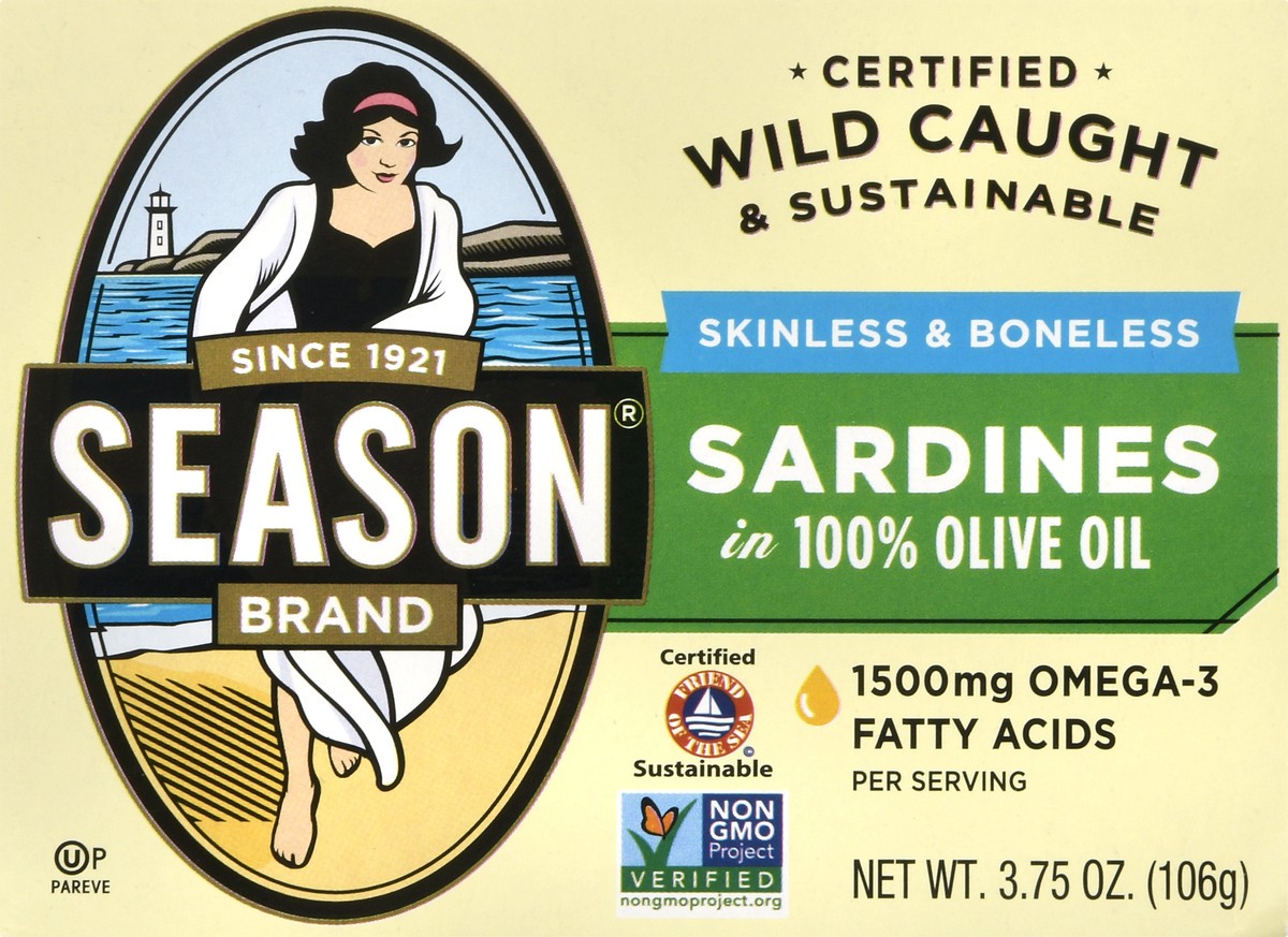 slide 3 of 9, Season Skinless & Boneless Sardines in 100% Olive Oil 3.75 oz, 3.75 oz