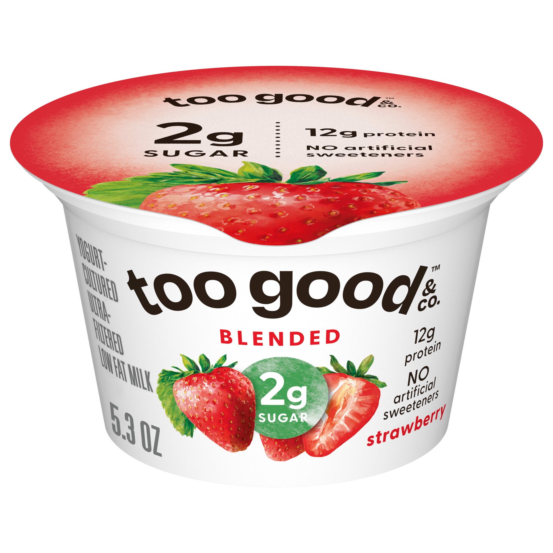 slide 1 of 5, Too Good & Co. Strawberry Flavored Lower Sugar, Low Fat Greek Yogurt Cultured Product, Gluten Free, Keto Friendly Healthy Snacks, 5.3 OZ Cup, 5.3 oz