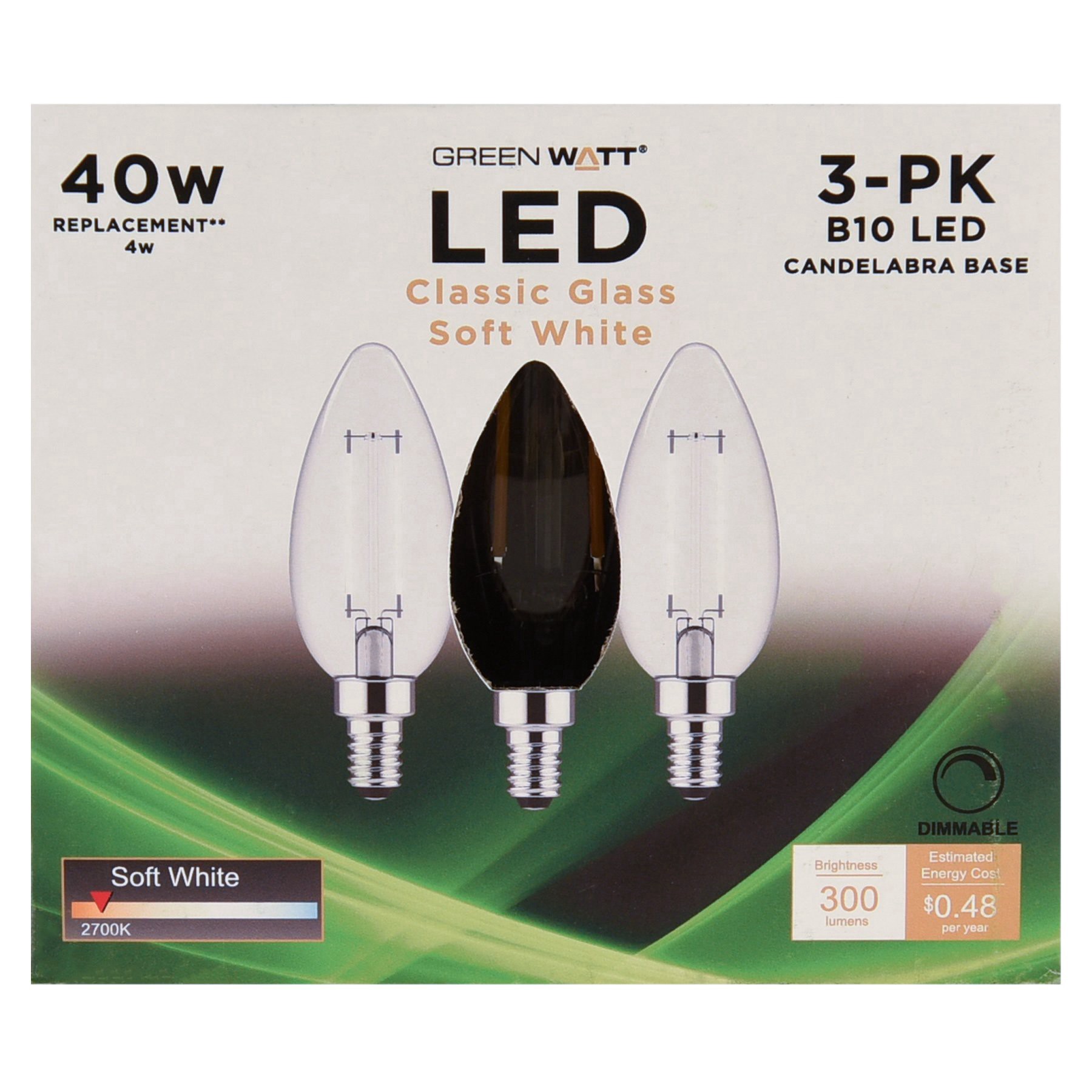 slide 1 of 1, Green Watt B10 40-Watt Clear E12 LED Light Bulbs - Soft White, 3 ct