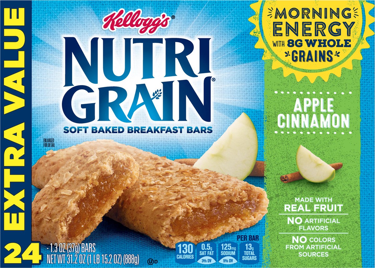 slide 1 of 10, Nutri-Grain Soft Baked Breakfast Bars Apple Cinnamon, 31.2 oz, 24 Count, 31.2 oz