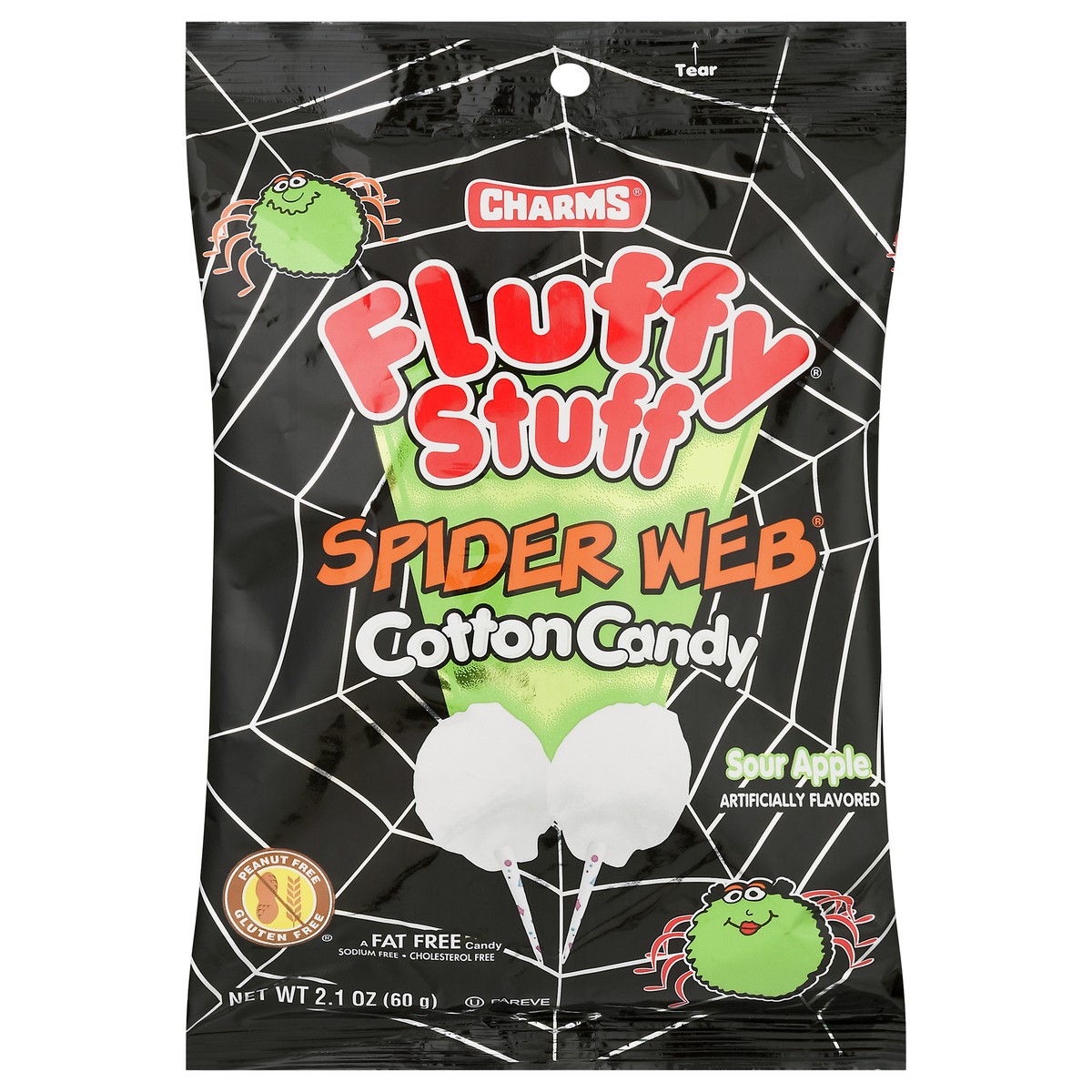 slide 1 of 9, Charms Fluffy Stuff Spider Web Sour Apple Cotton Candy 2.1 oz, 2.1 oz