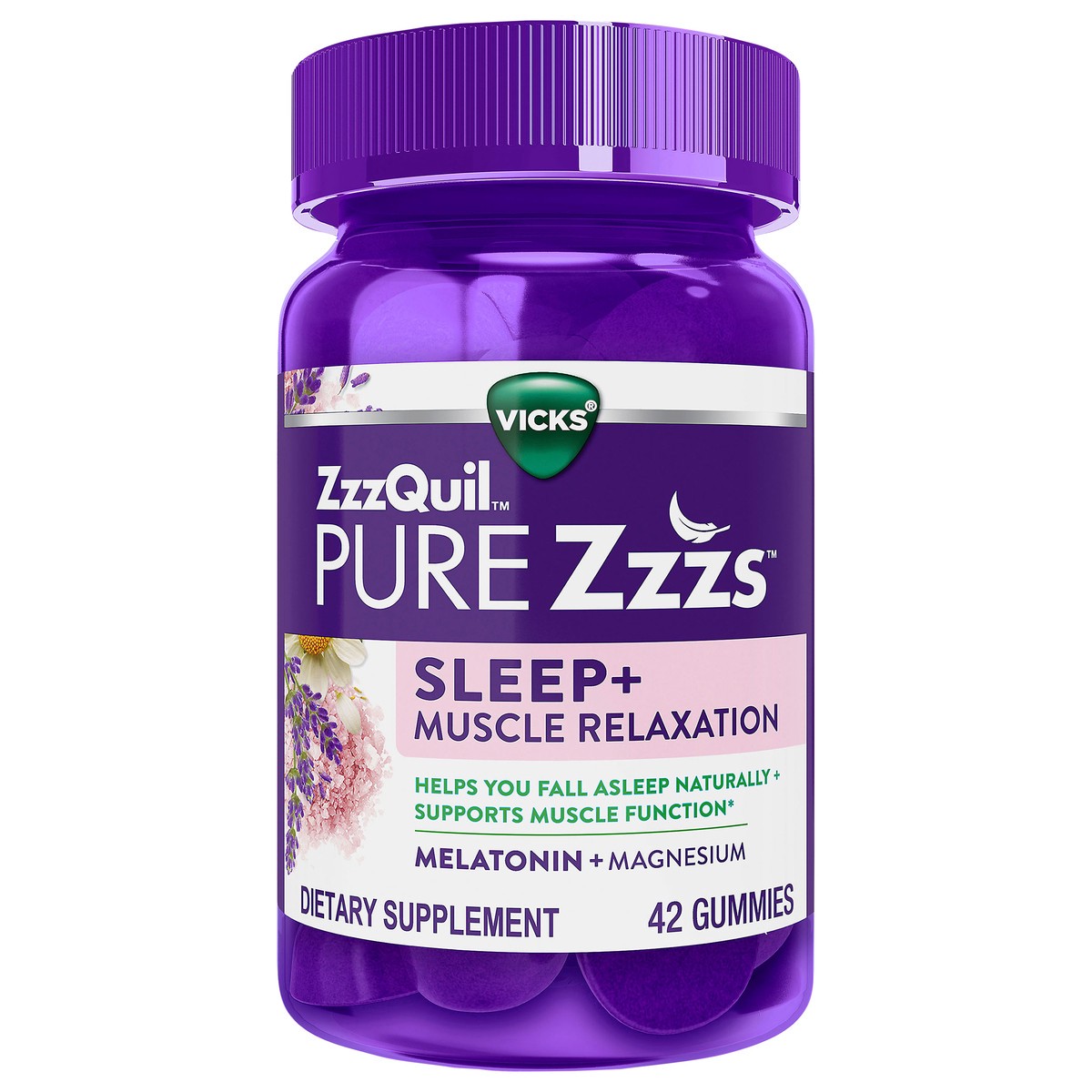 slide 3 of 10, Vicks ZzzQuil PURE Zzzs Sleep+ Muscle Relaxation Melatonin Sleep Aid Gummies, Supports Healthy Muscle Function, Works Naturally With Your Body To Help You Fall Asleep Fast, Melatonin + Magnesium, No Next-Day Grogginess, Drug-Free & Non-Habit Forming, 42ct, 42 ct