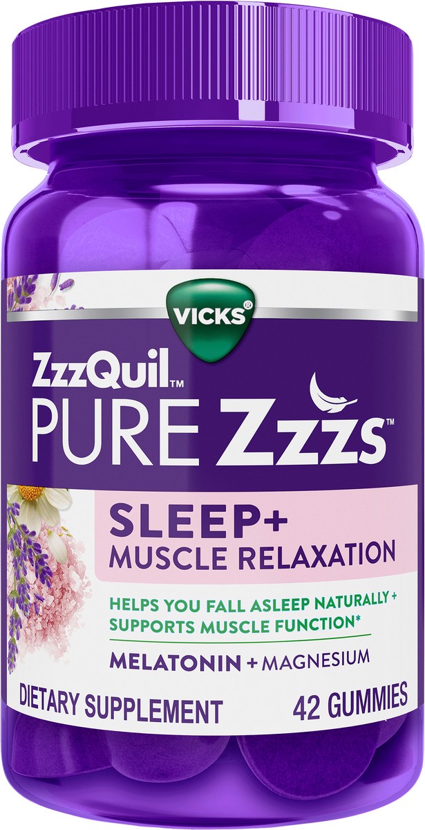 slide 7 of 10, Vicks ZzzQuil PURE Zzzs Sleep+ Muscle Relaxation Melatonin Sleep Aid Gummies, Supports Healthy Muscle Function, Works Naturally With Your Body To Help You Fall Asleep Fast, Melatonin + Magnesium, No Next-Day Grogginess, Drug-Free & Non-Habit Forming, 42ct, 42 ct