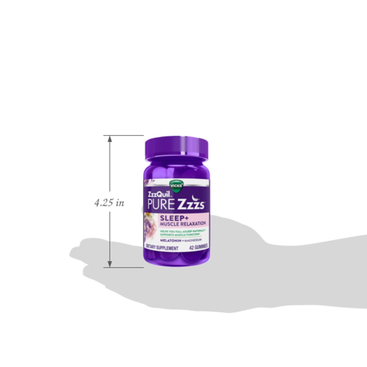 slide 5 of 10, Vicks ZzzQuil PURE Zzzs Sleep+ Muscle Relaxation Melatonin Sleep Aid Gummies, Supports Healthy Muscle Function, Works Naturally With Your Body To Help You Fall Asleep Fast, Melatonin + Magnesium, No Next-Day Grogginess, Drug-Free & Non-Habit Forming, 42ct, 42 ct