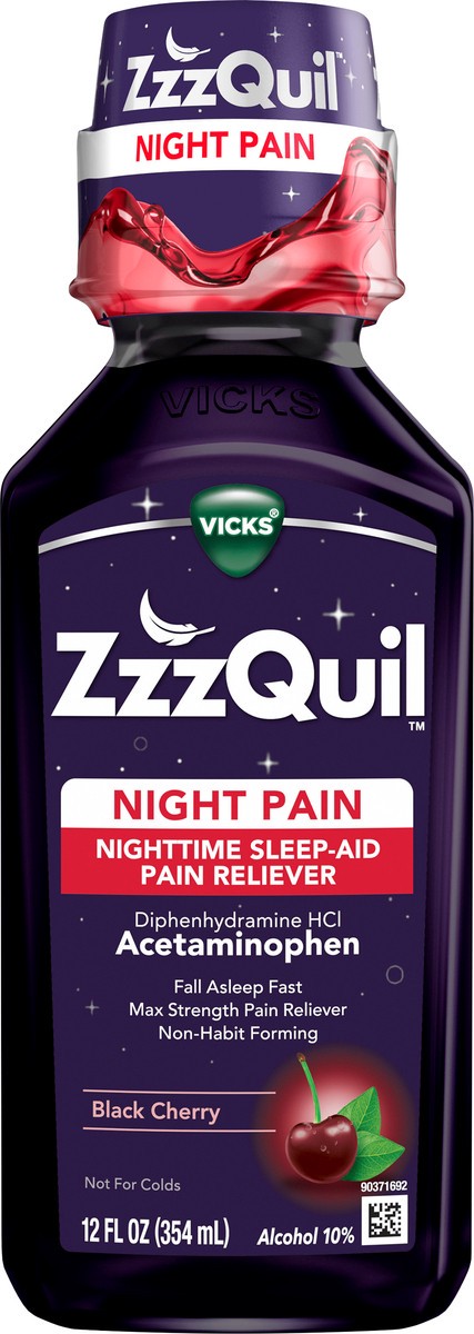 slide 2 of 2, Vicks ZzzQuil Night Pain Liquid, Nighttime Sleep-Aid Pain Reliever, Black Cherry Flavored, 12 FL OZ, 12 fl oz