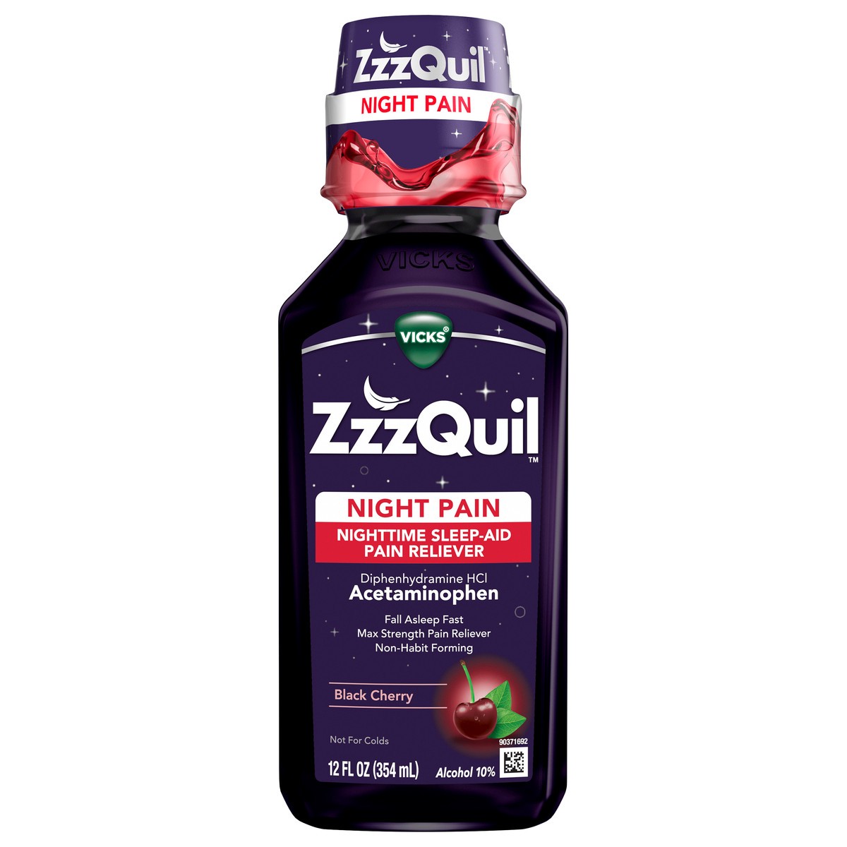 slide 1 of 2, Vicks ZzzQuil Night Pain Liquid, Nighttime Sleep-Aid Pain Reliever, Black Cherry Flavored, 12 FL OZ, 12 fl oz