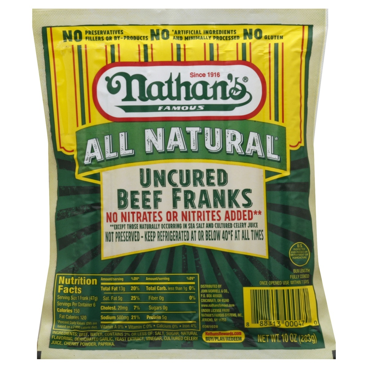 slide 1 of 8, Nathan's Famous All Natural Uncured Beef Franks, 6 ct; 10 oz