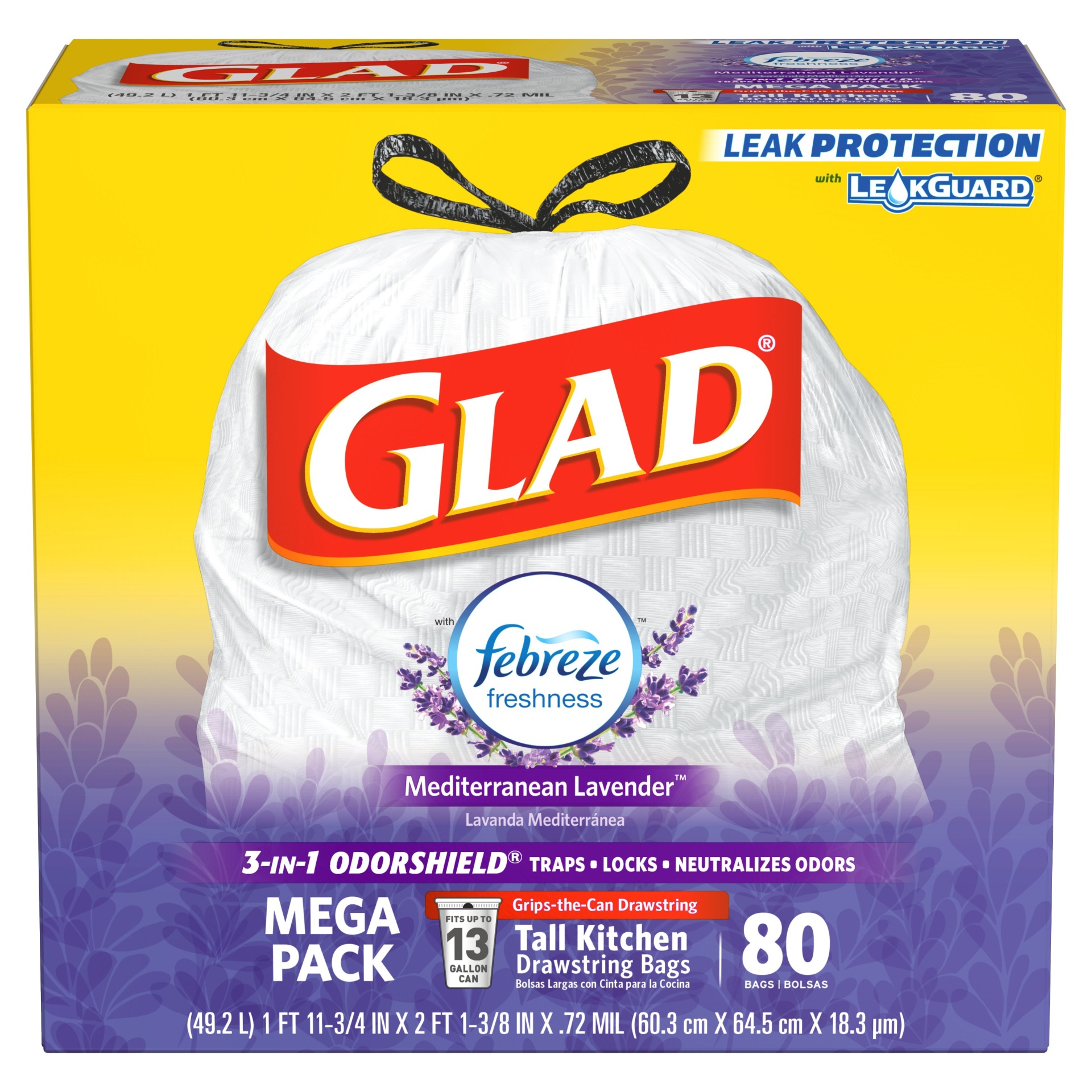 slide 1 of 1, Glad OdorShield Mediterranean Lavender Tall Kitchen Drawstring Trash Bags, 80 ct