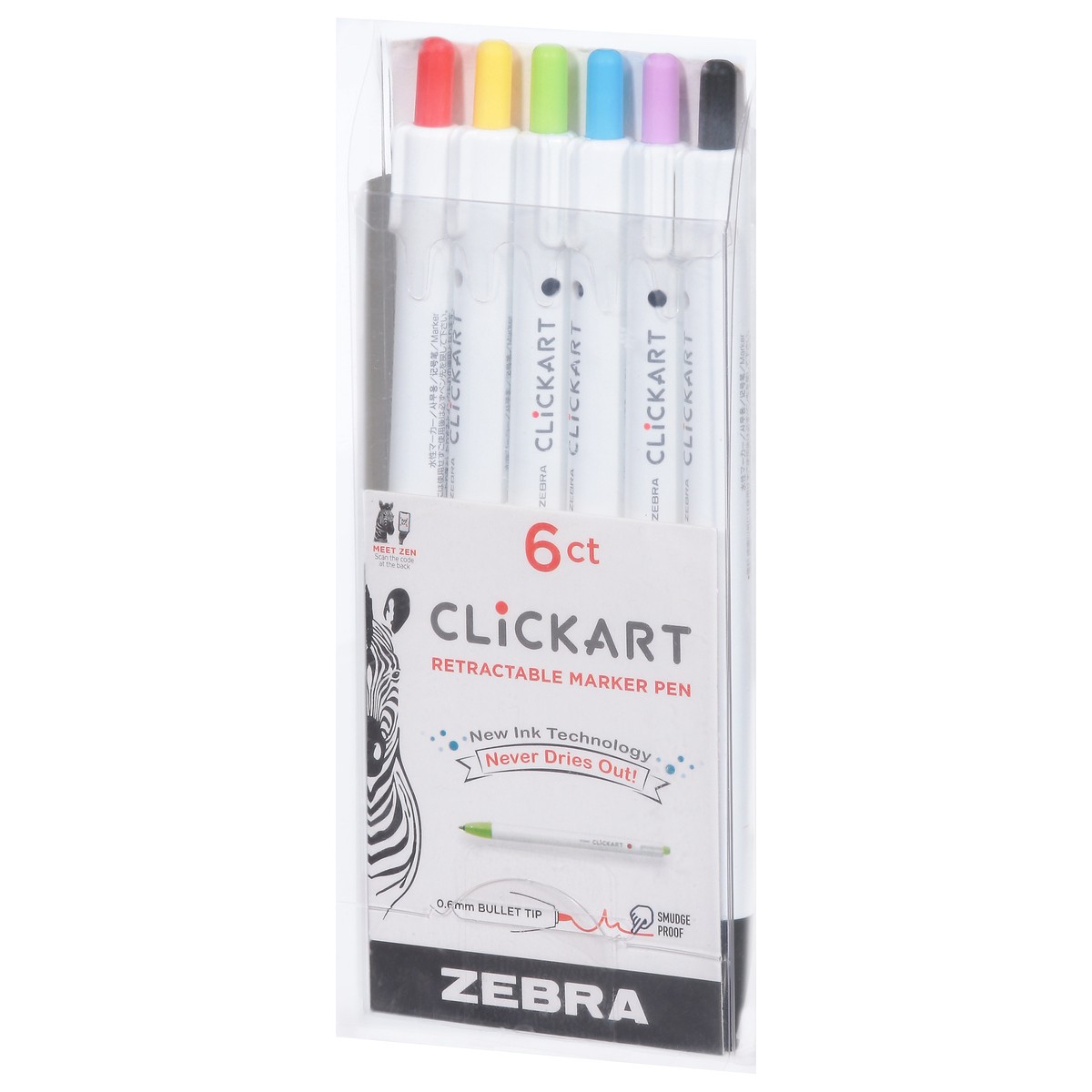 slide 5 of 9, Zebra ClickArt Retractable Marker Pen 0.6mm Assorted, 6 ct