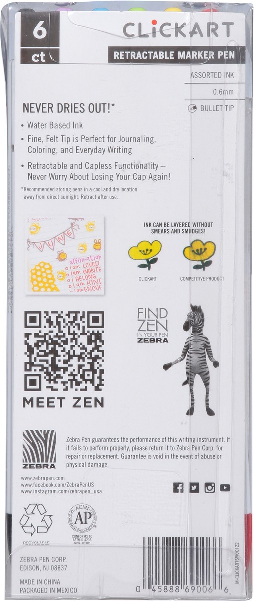 slide 4 of 9, Zebra ClickArt Retractable Marker Pen 0.6mm Assorted, 6 ct