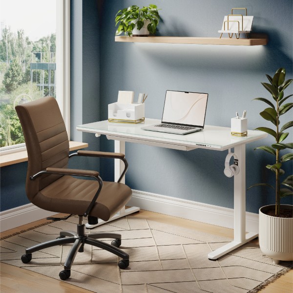 slide 6 of 10, Realspace® 48""W Glass-Top Electric Height-Adjustable Standing Desk, White, 1 ct