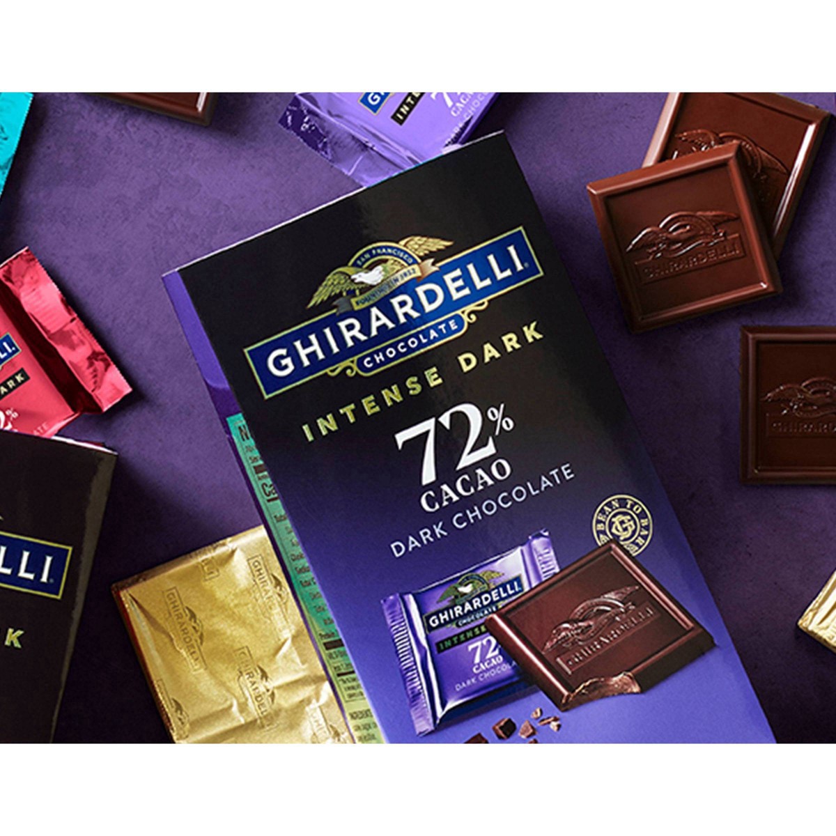 slide 2 of 17, Ghirardelli Intense Dark 72% Cacao Squares, 4.87 oz