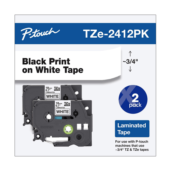 slide 1 of 1, Brother Tze2412Pk Label Maker Tape, White, Pack Of 2, 2 ct