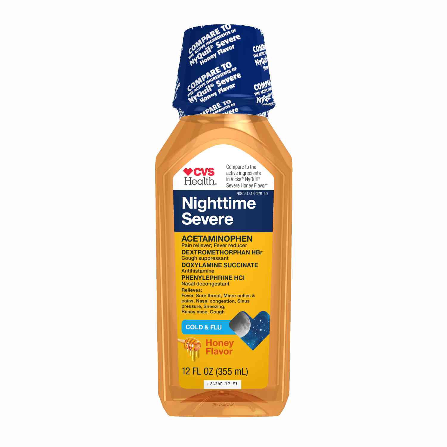 slide 1 of 1, CVS Health Nighttime Severe Cold & Flu Relief Honey Liquid, 1 ct