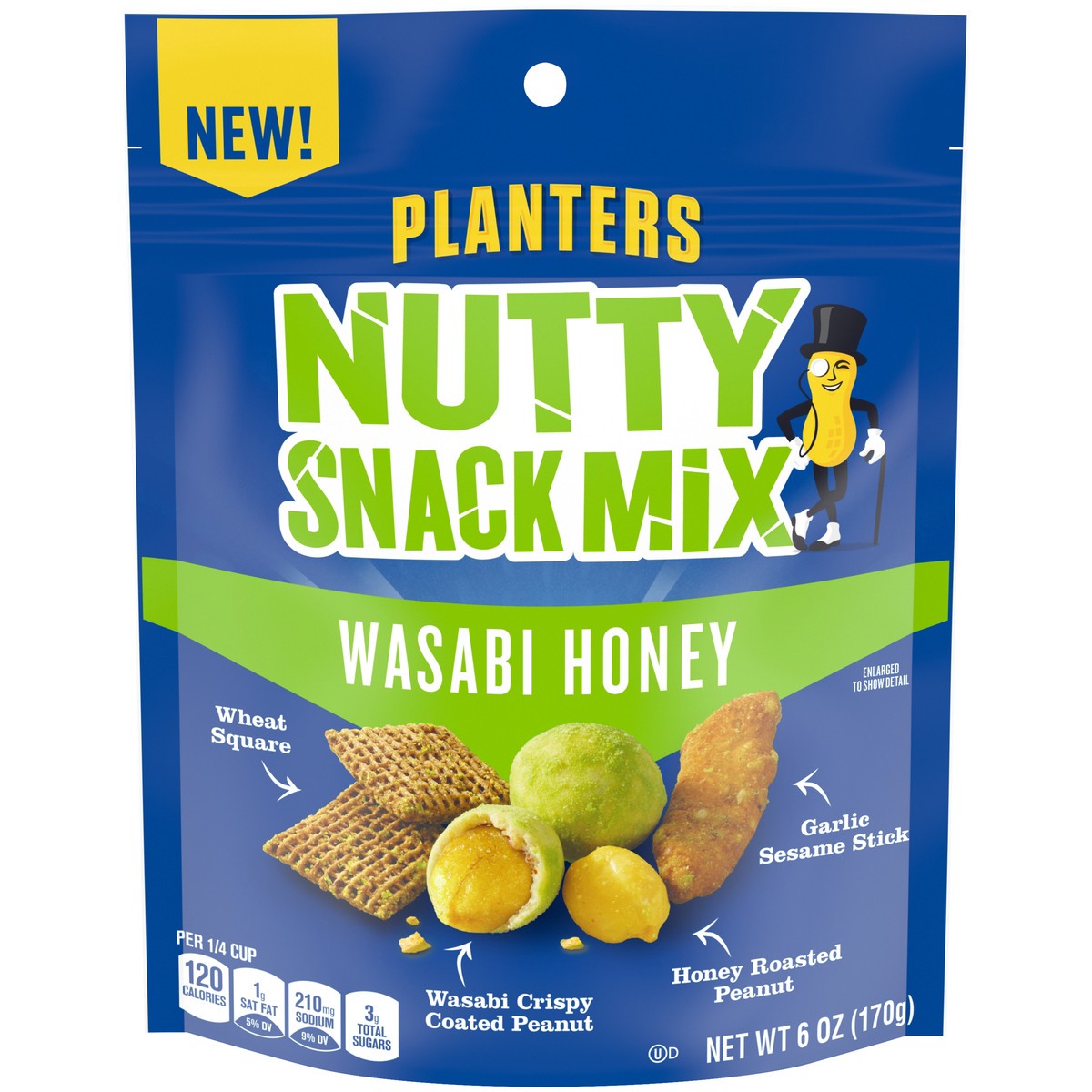 slide 1 of 8, Planters Wasabi Honey Nutty Snack Mix with Peanuts, Sesame Sticks & Wheat Squares, 6 oz Bag, 170 g