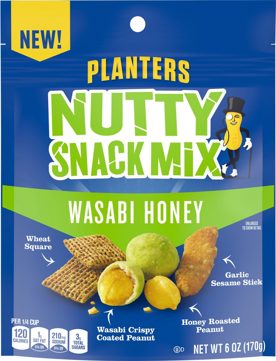 slide 7 of 8, Planters Wasabi Honey Nutty Snack Mix with Peanuts, Sesame Sticks & Wheat Squares, 6 oz Bag, 170 g