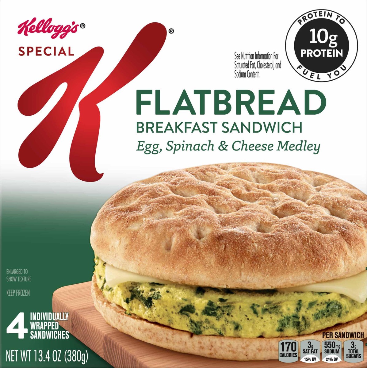 slide 4 of 13, Special K Flatbread Breakfast Sandwiches, Egg, Spinach, and Cheese Medley, 13.4 Oz, Box, 4 Ct, Frozen, 13.4 oz