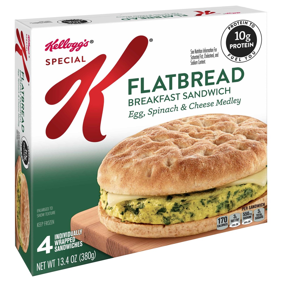slide 13 of 13, Special K Flatbread Breakfast Sandwiches, Egg, Spinach, and Cheese Medley, 13.4 Oz, Box, 4 Ct, Frozen, 13.4 oz