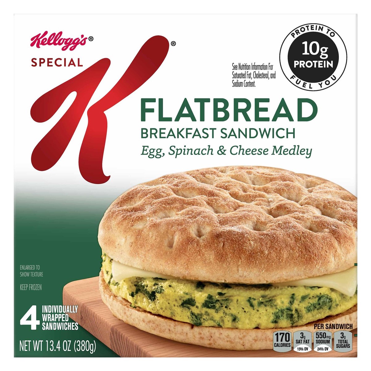 slide 4 of 13, Special K Flatbread Breakfast Sandwiches, Egg, Spinach, and Cheese Medley, 13.4 Oz, Box, 4 Ct, Frozen, 13.4 oz