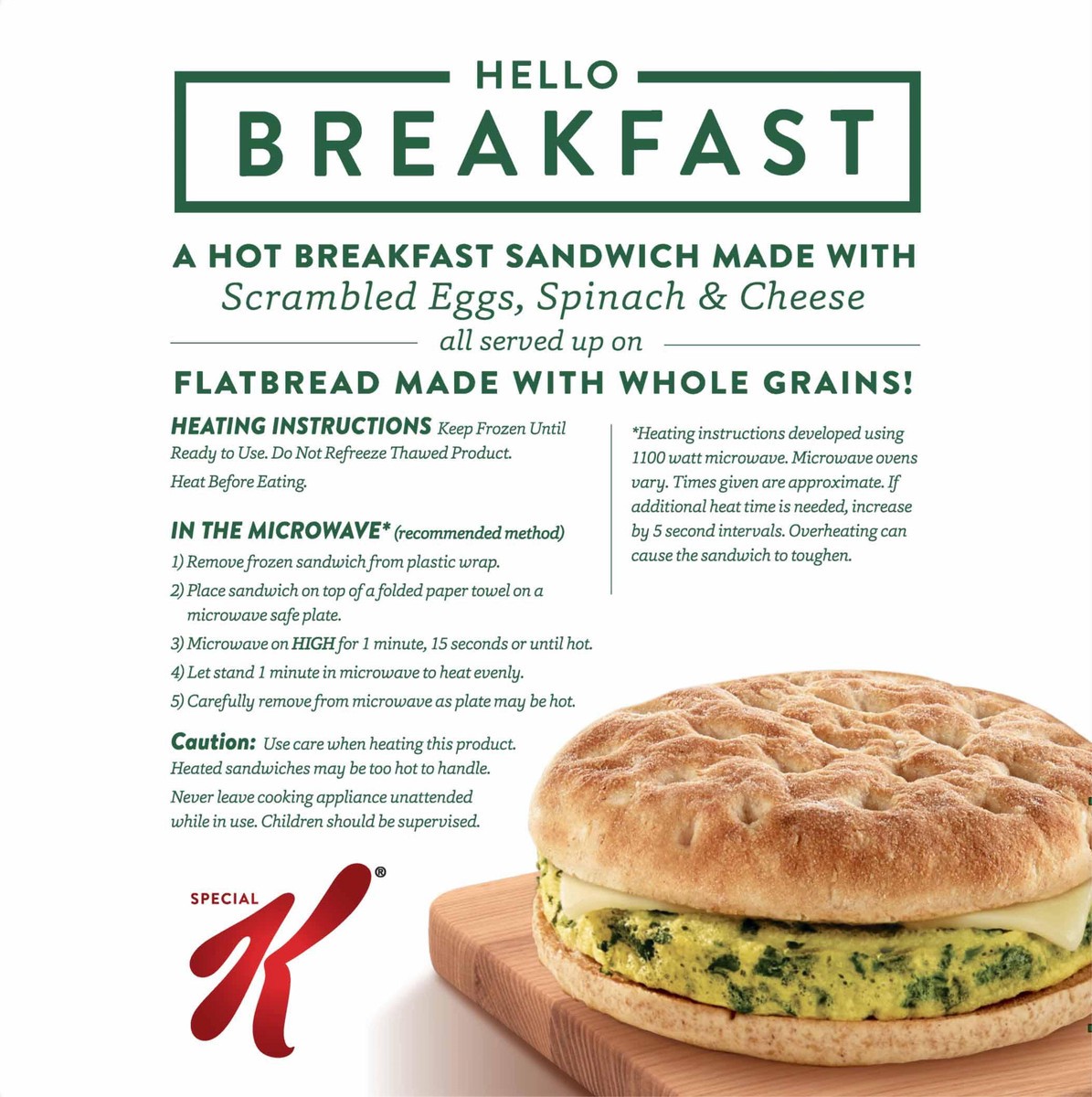 slide 5 of 13, Special K Flatbread Breakfast Sandwiches, Egg, Spinach, and Cheese Medley, 13.4 Oz, Box, 4 Ct, Frozen, 13.4 oz