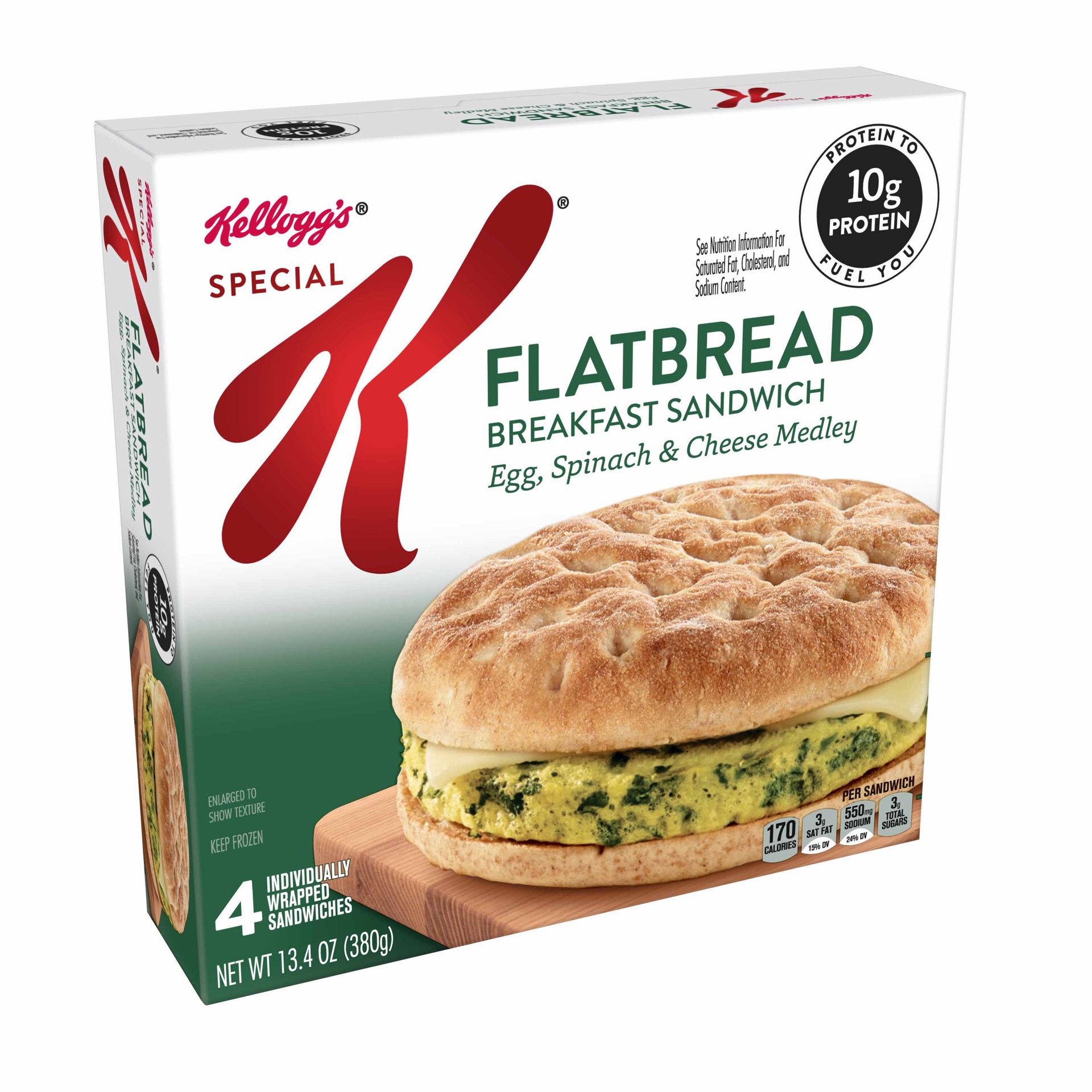 slide 1 of 13, Special K Flatbread Breakfast Sandwiches, Egg, Spinach, and Cheese Medley, 13.4 Oz, Box, 4 Ct, Frozen, 13.4 oz