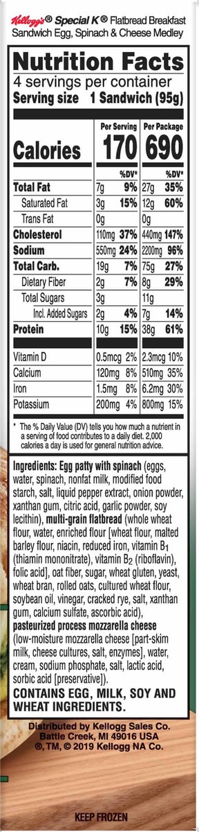 slide 10 of 13, Special K Flatbread Breakfast Sandwiches, Egg, Spinach, and Cheese Medley, 13.4 Oz, Box, 4 Ct, Frozen, 13.4 oz