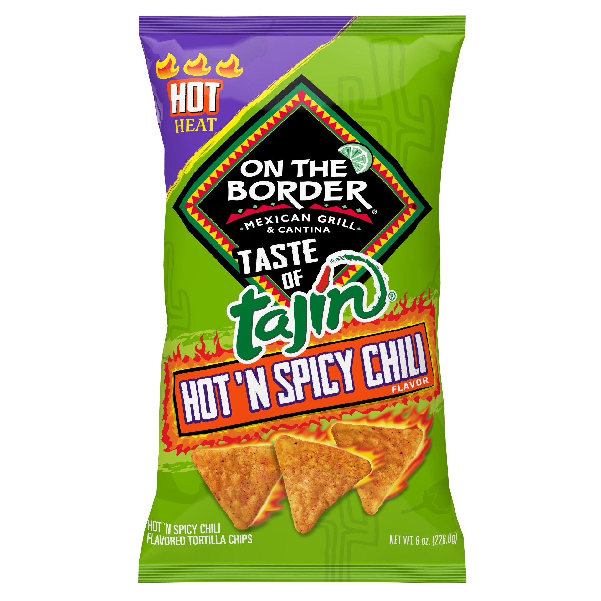 slide 1 of 1, On the Border taste of tajín tortilla chips, hot'n spicy chili flavored, 8 oz