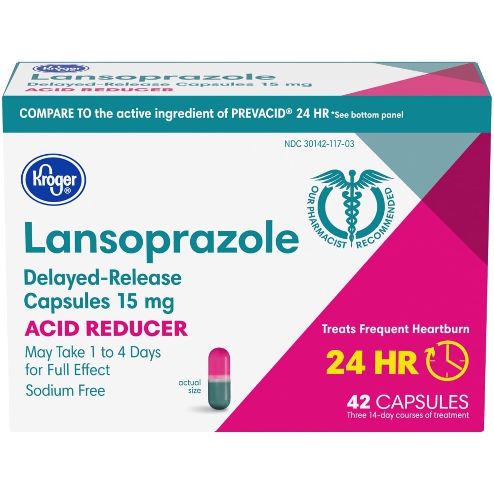 slide 1 of 1, Kroger 24 Hour Delayed Release Lansoprazole 15 Mg Capsules, 42 ct; 15 mg capsules