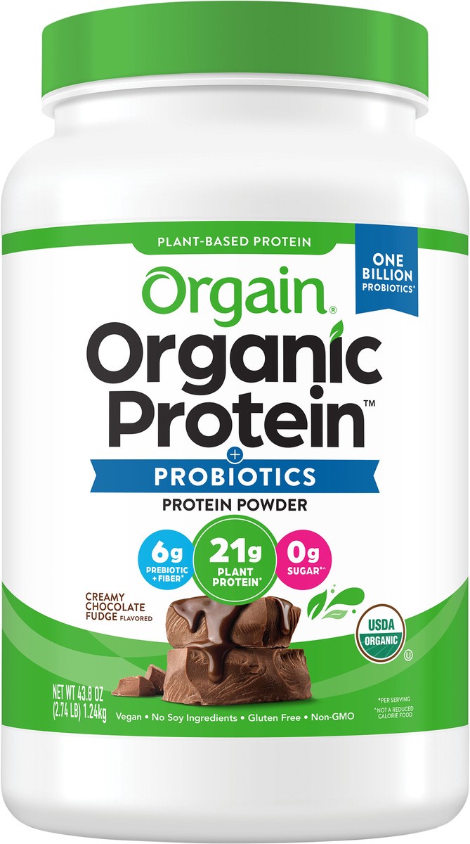 slide 4 of 8, Orgain Organic Protein + Probiotics Protein Powder, Creamy Chocolate Fudge, 43.8 oz, 