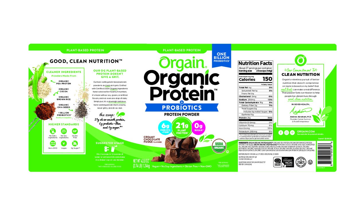 slide 7 of 8, Orgain Organic Protein + Probiotics Protein Powder, Creamy Chocolate Fudge, 43.8 oz, 