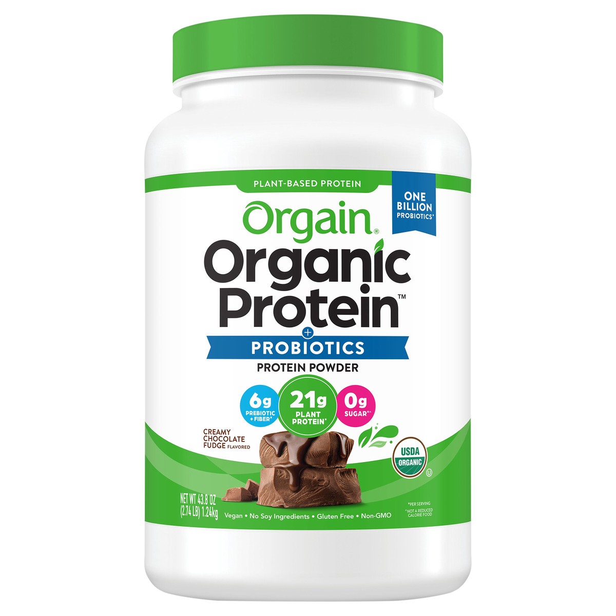 slide 1 of 8, Orgain Organic Protein + Probiotics Protein Powder, Creamy Chocolate Fudge, 43.8 oz, 