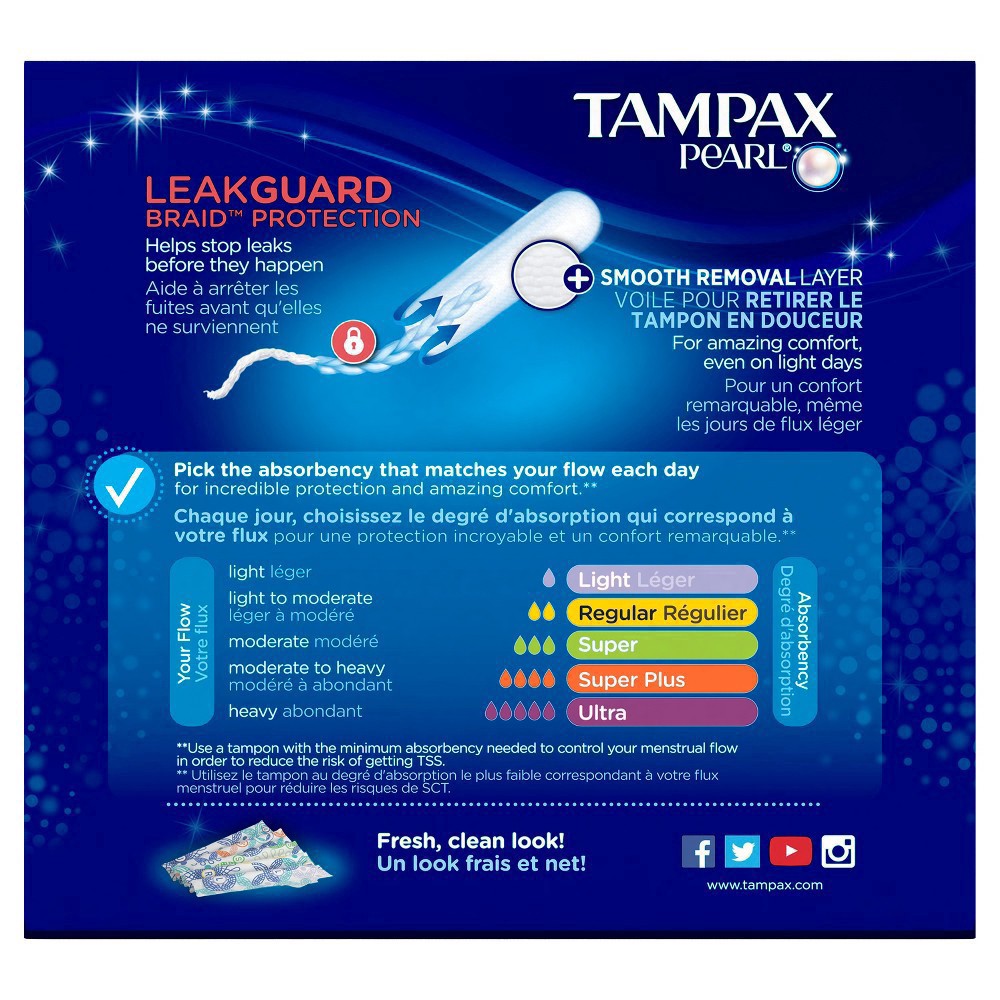 slide 102 of 110, Tampax Pearl Tampons Duo Pack, Regular/Super Absorbency with BPA-Free Plastic Applicator and LeakGuard Braid, Unscented, 34 Count, 34 ct